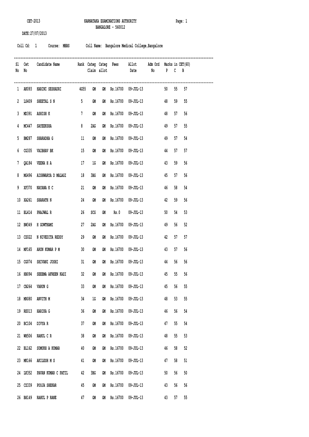 560012 DATE:27/07/2013 Coll Cd: 1 Course: MBBS