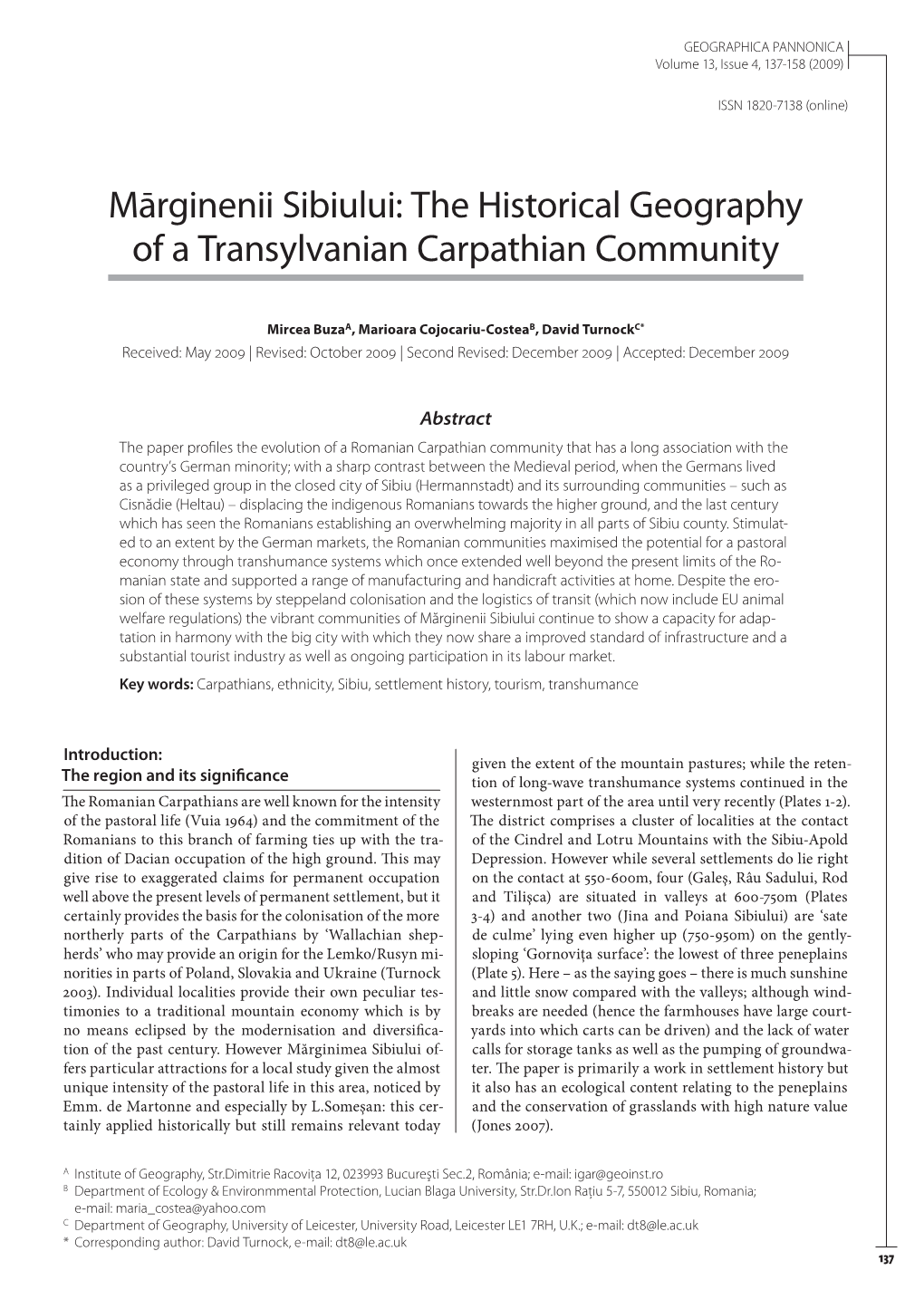 The Historical Geography of a Transylvanian Carpathian Community