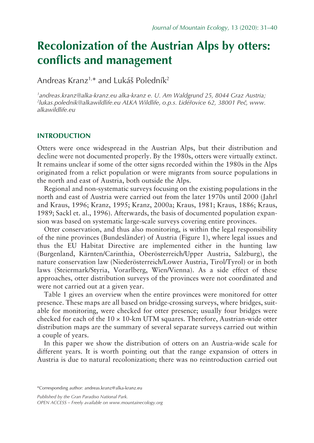 Recolonization of the Austrian Alps by Otters: Conflicts and Management