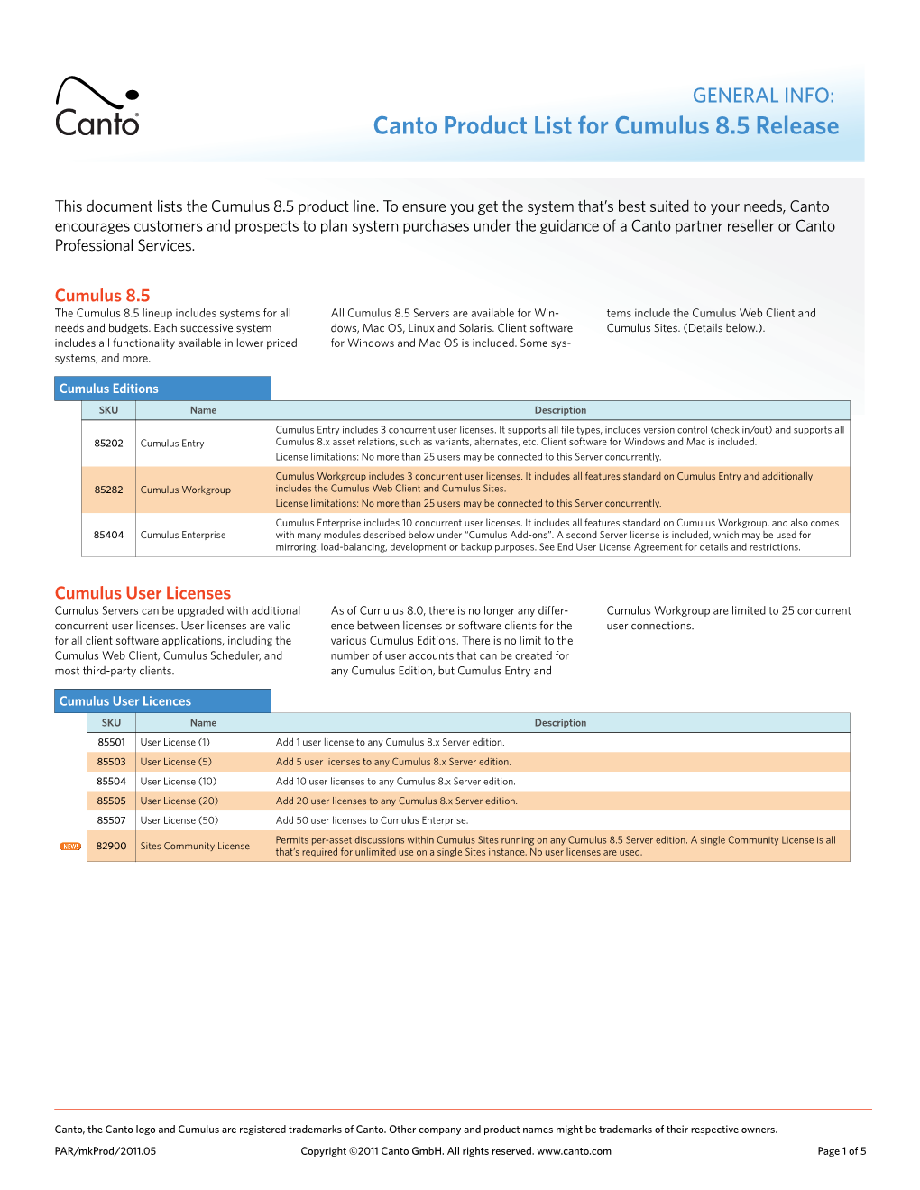 Canto Product List for Cumulus 8.5 Release