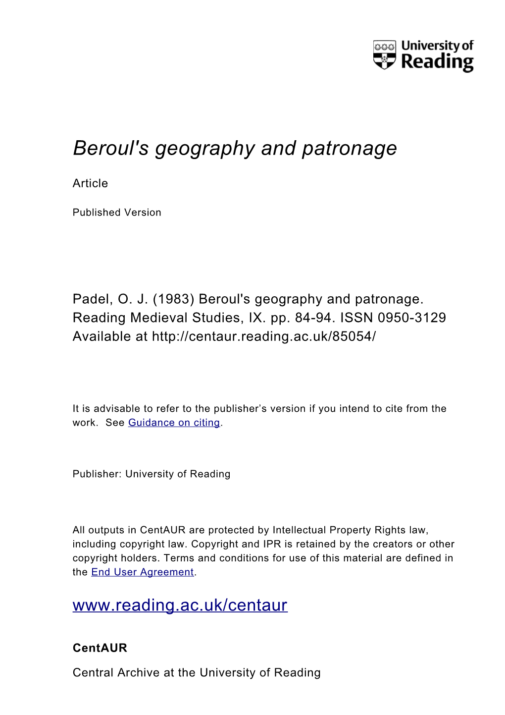 Beroul's Geography and Patronage