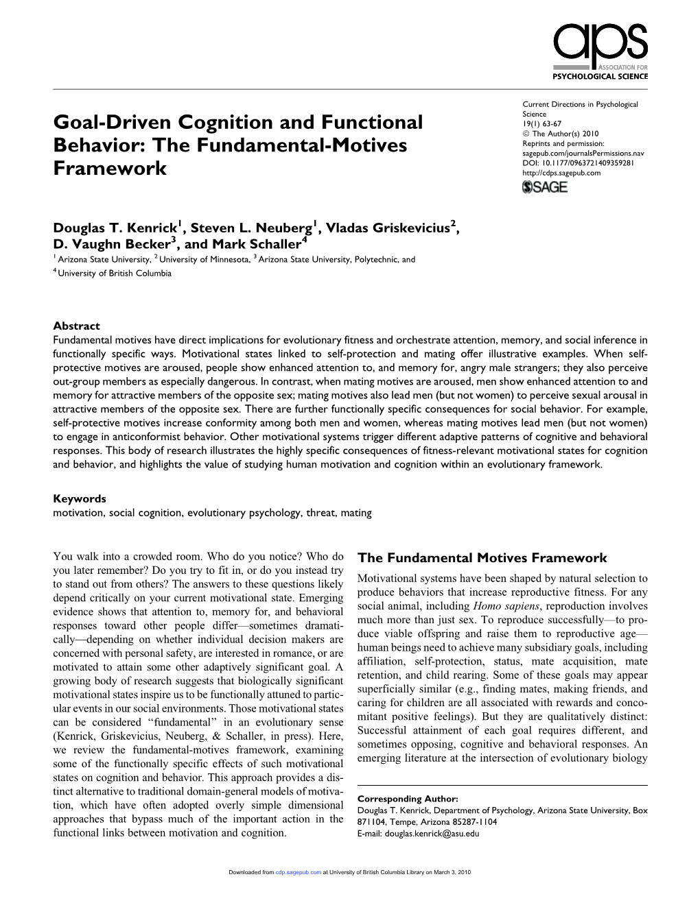 Goal-Driven Cognition and Functional Behavior: the Fundamental