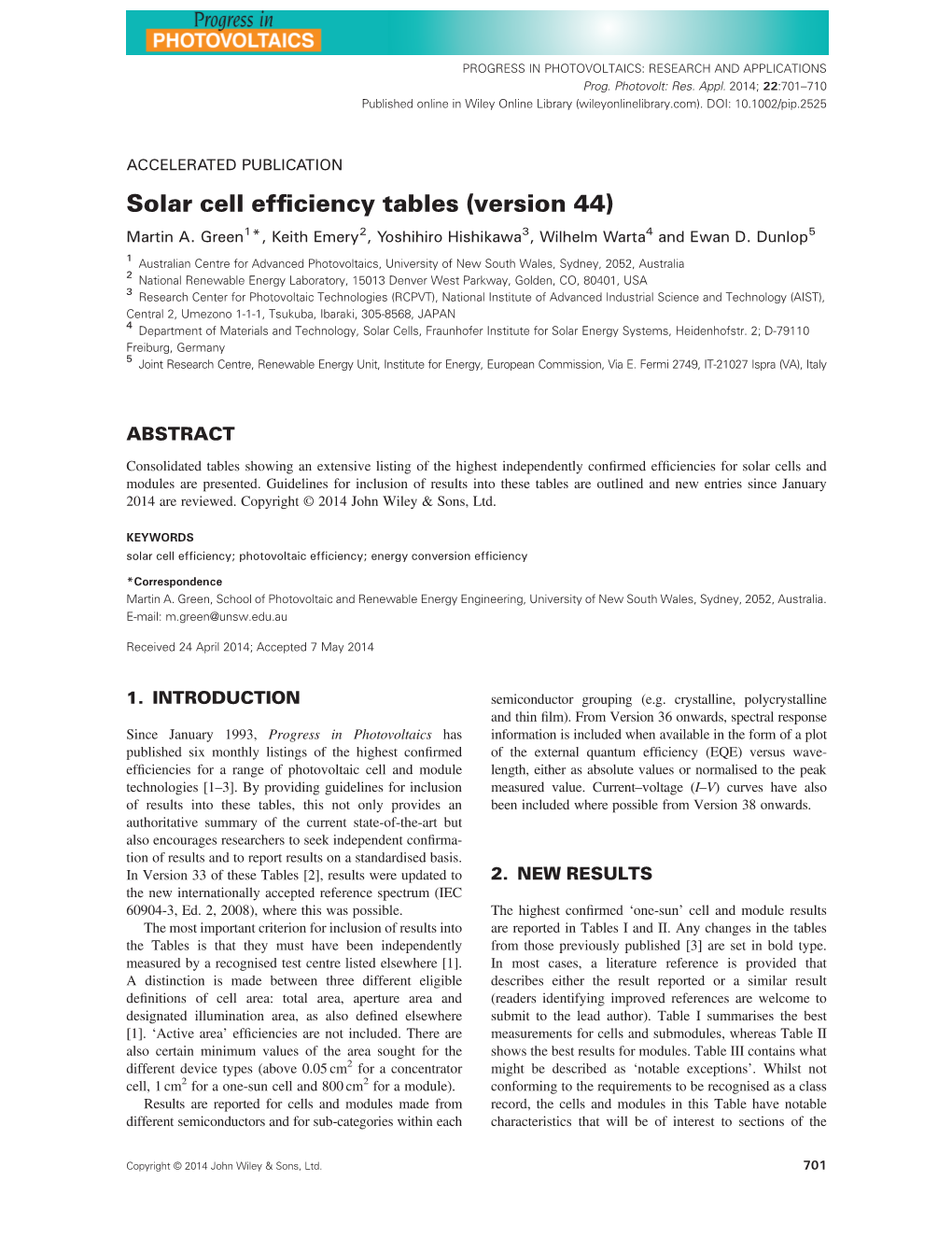 Solar Cell Efficiency Tables (Version