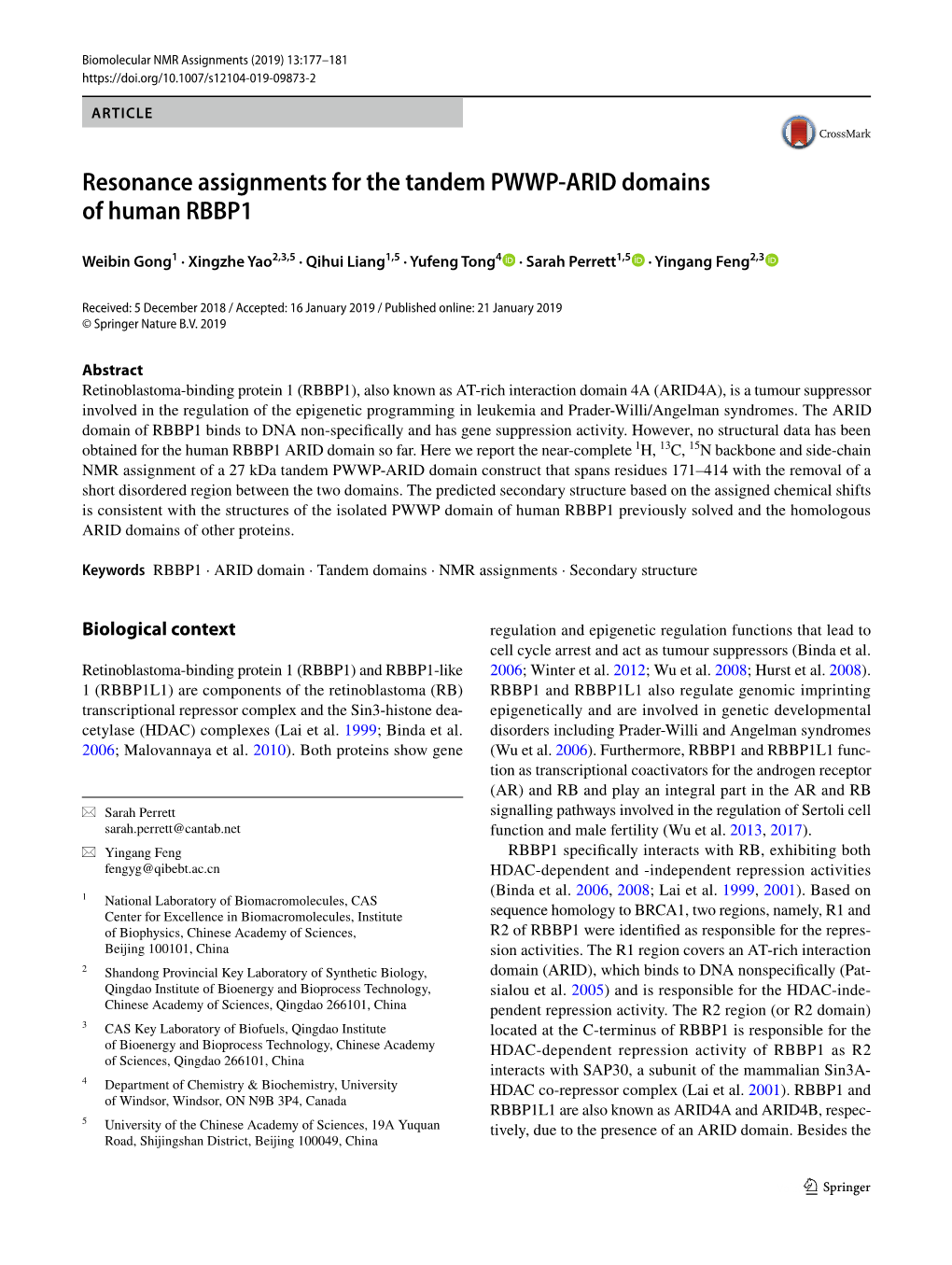 Resonance Assignments for the Tandem PWWP-ARID Domains of Human RBBP1