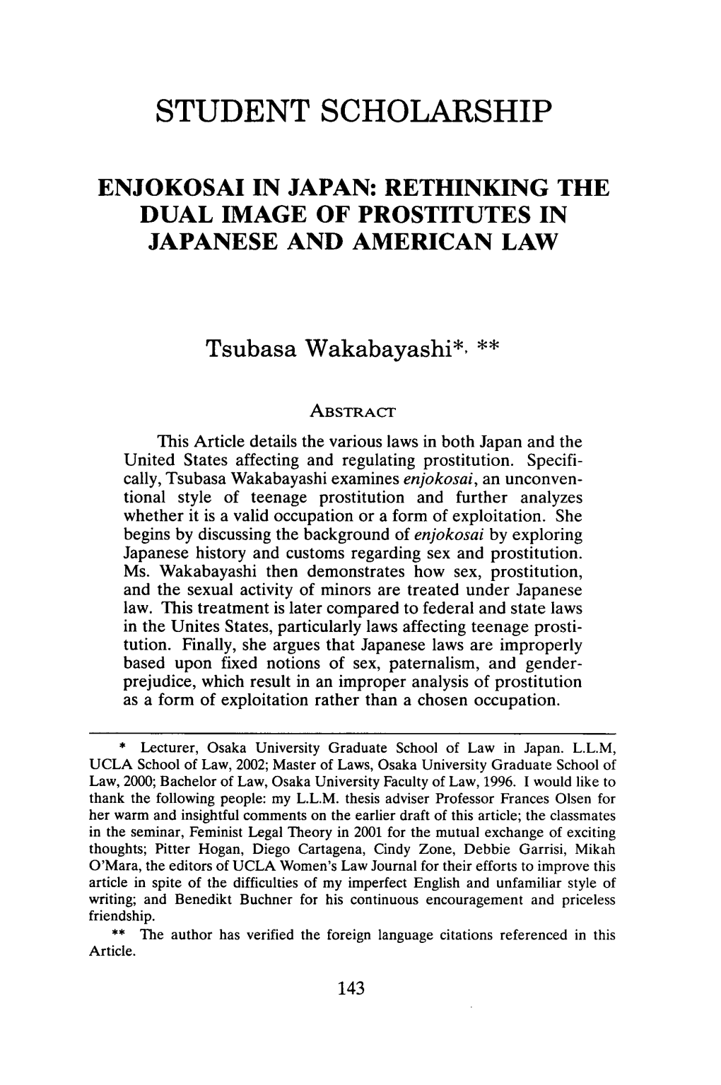 Enjokosai in Japan: Rethinking the Dual Image of Prostitutes in Japanese and American Law