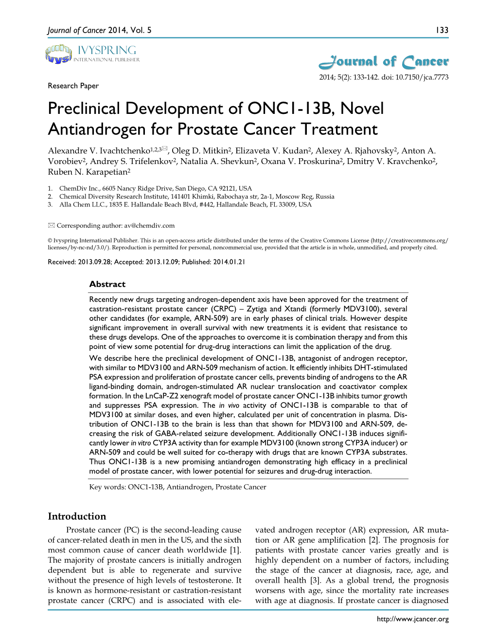 Preclinical Development of ONC1-13B, Novel Antiandrogen for Prostate Cancer Treatment Alexandre V