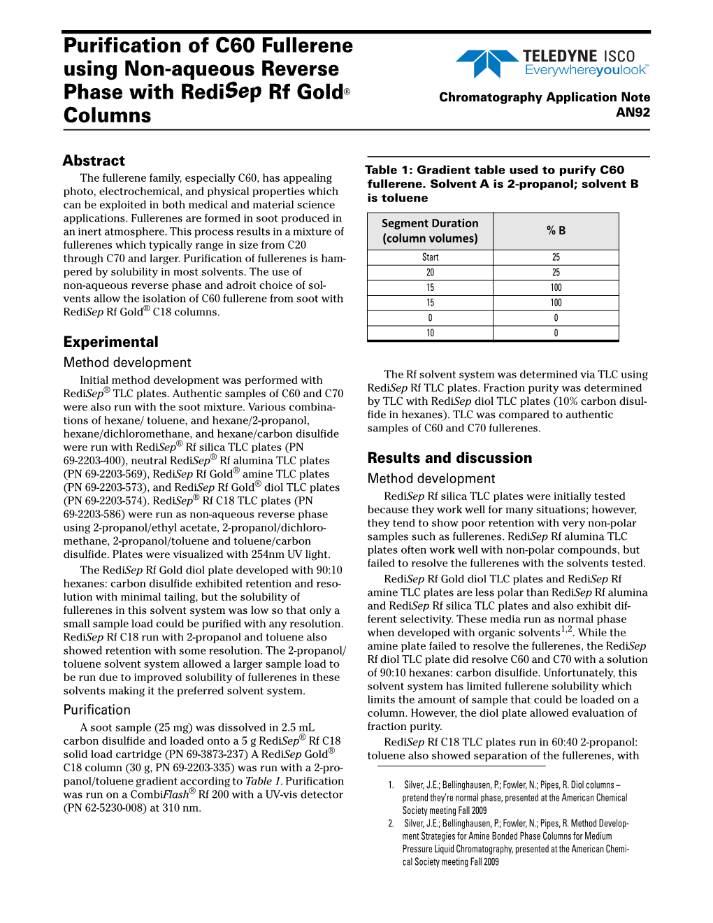 Purification of C60 Fullerene Using Non-Aqueous Reverse Phase with Redisep Rf Gold® Chromatography Application Note Columns AN92