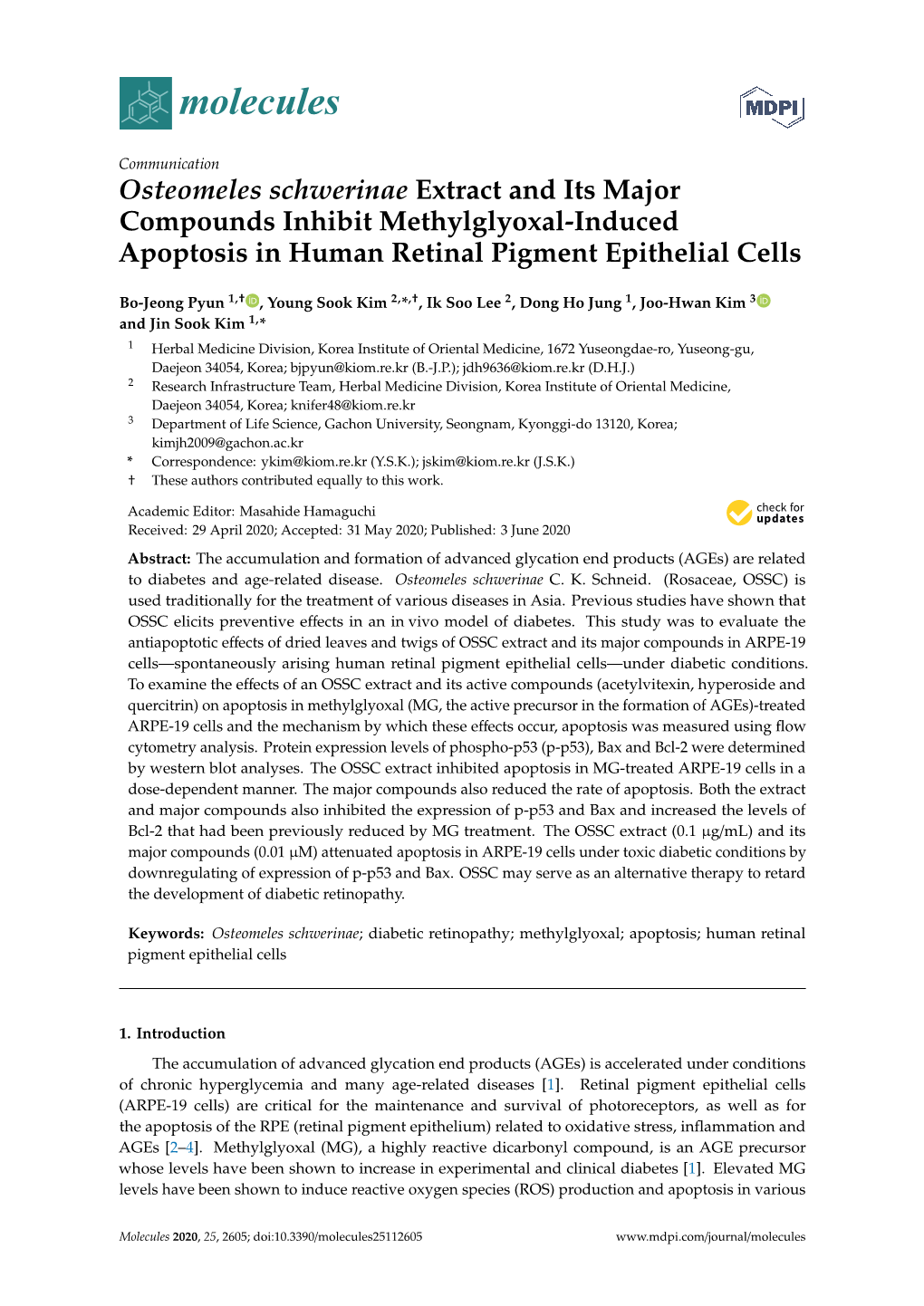 Osteomeles Schwerinae Extract and Its Major Compounds Inhibit Methylglyoxal-Induced Apoptosis in Human Retinal Pigment Epithelial Cells