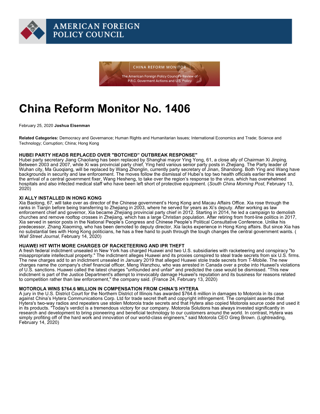 China Reform Monitor No. 1406 | American Foreign Policy Council