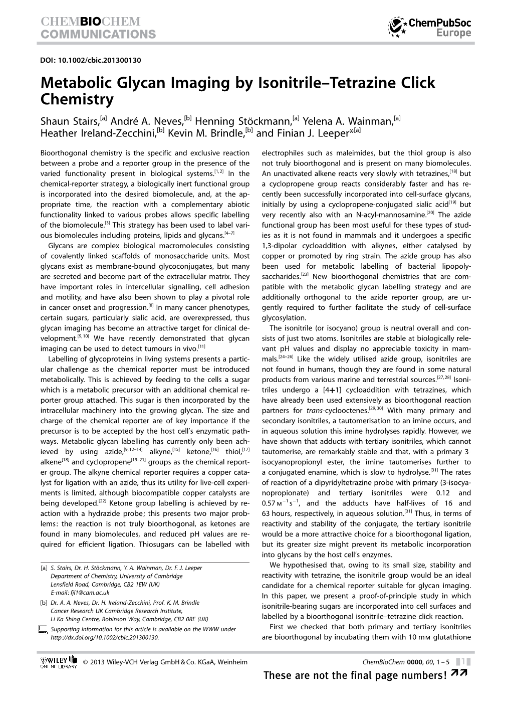 Metabolic Glycan Imaging by Isonitriletetrazine Click Chemistry