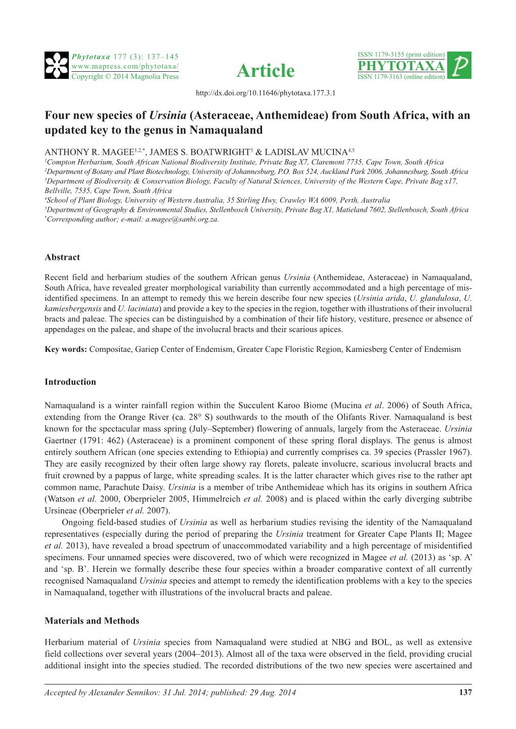 Four New Species of Ursinia (Asteraceae, Anthemideae) from South Africa, with an Updated Key to the Genus in Namaqualand