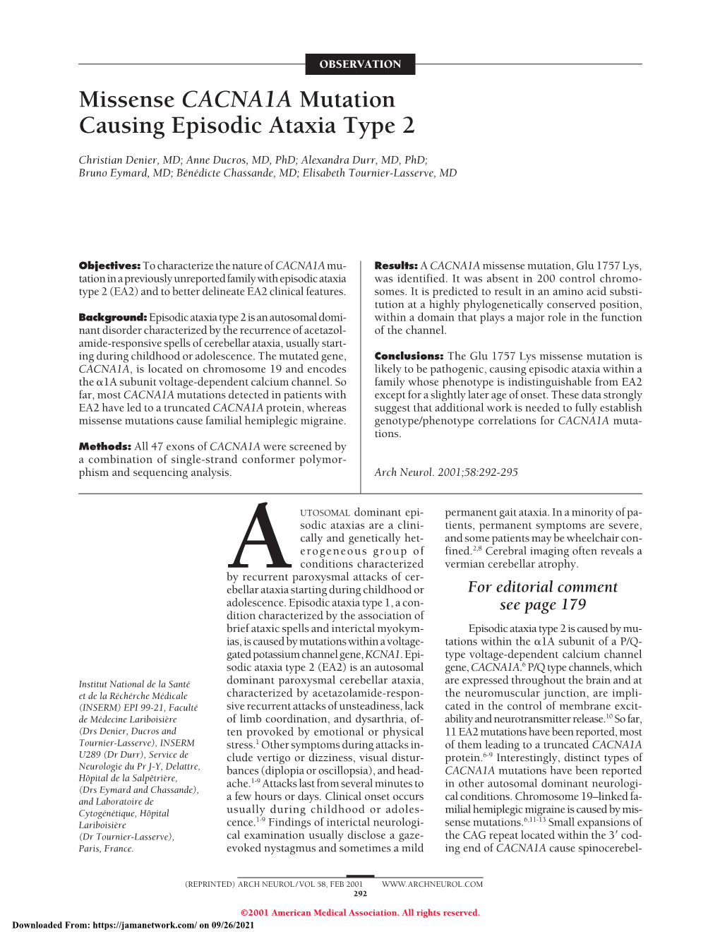 Missense CACNA1A Mutation Causing Episodic Ataxia Type 2