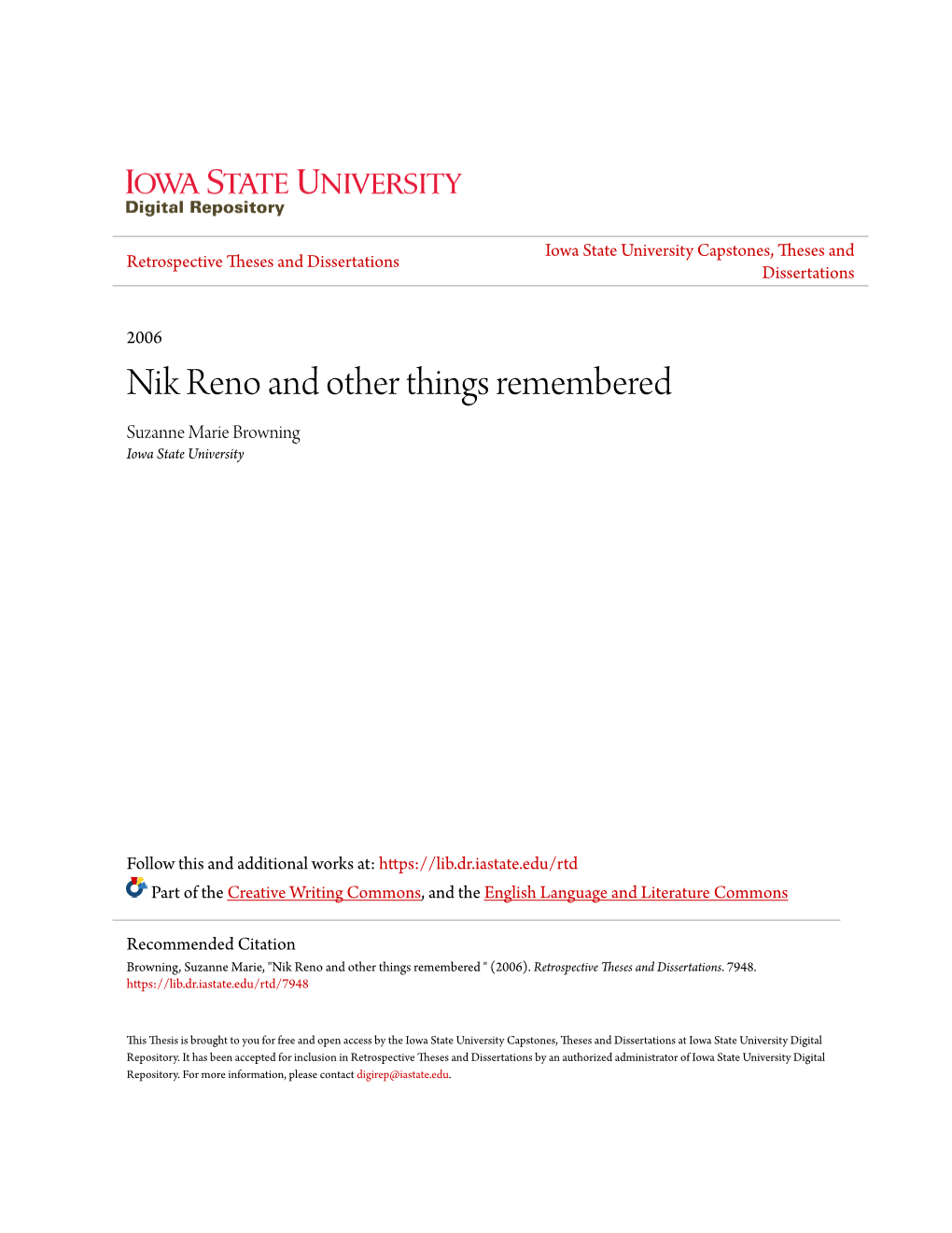 Nik Reno and Other Things Remembered Suzanne Marie Browning Iowa State University