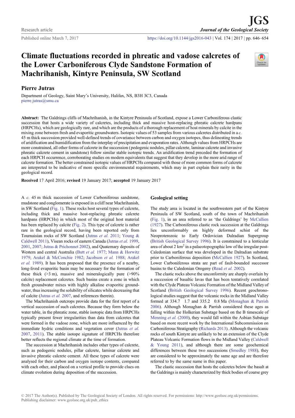 Climate Fluctuations Recorded in Phreatic and Vadose Calcretes of the Lower Carboniferous Clyde Sandstone Formation of Machrihanish, Kintyre Peninsula, SW Scotland