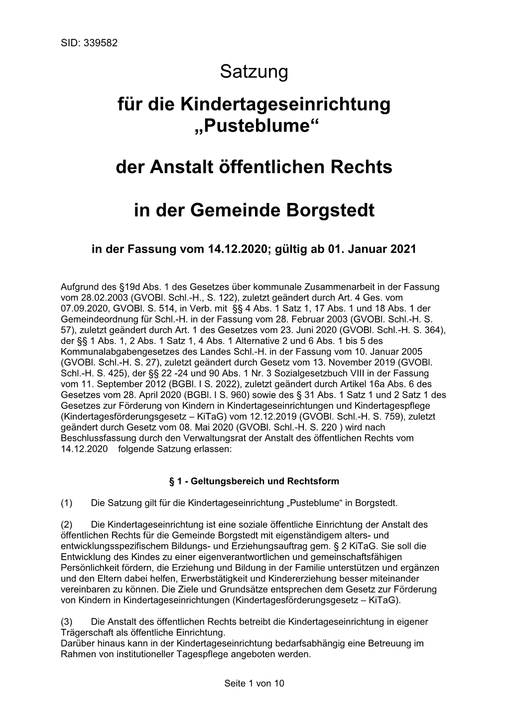 Satzung Für Die Kindertageseinrichtung „Pusteblume“