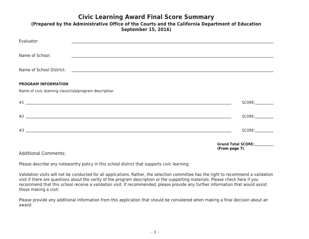 Civic Learning Award Rubric - Civic Education Initiative (CA Dept of Education)