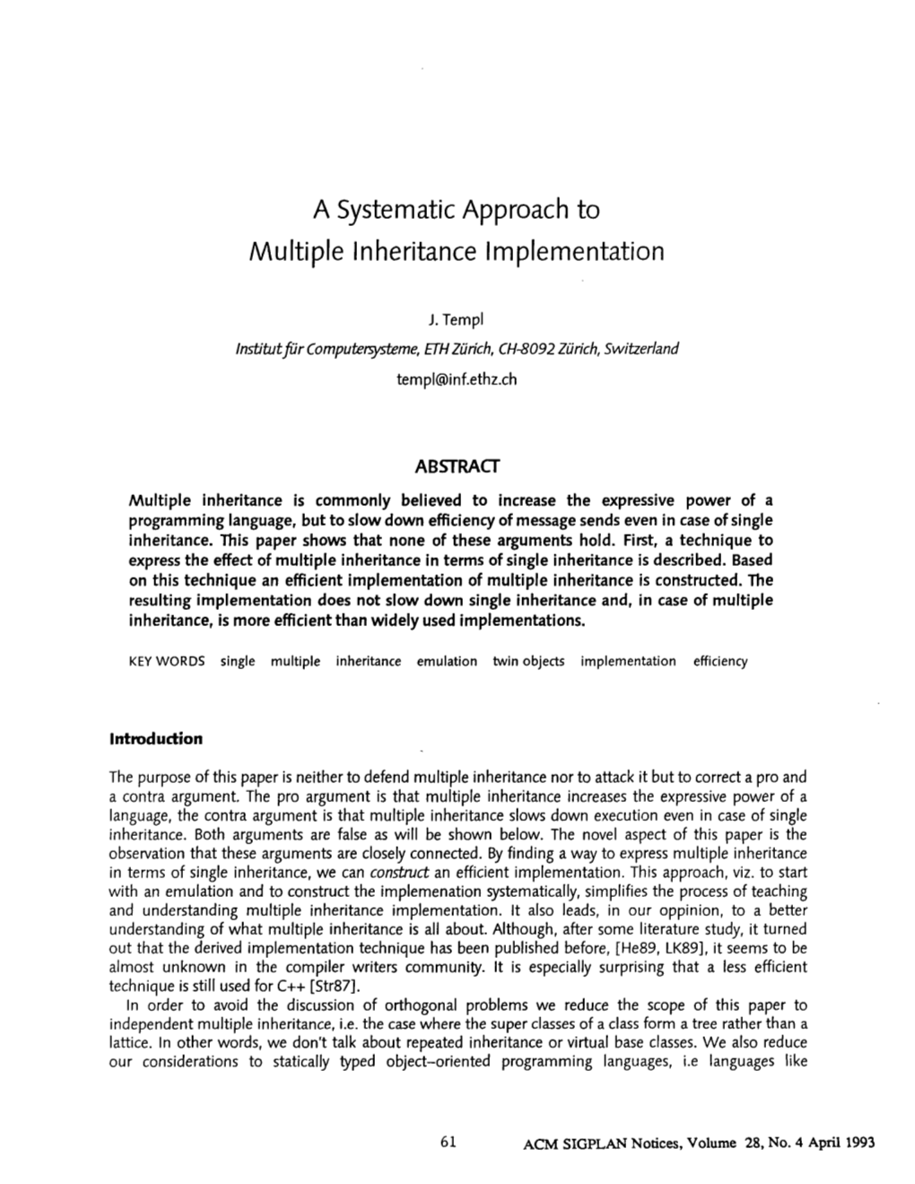 A Systematic Approach to Multiple Inheritance Implementation