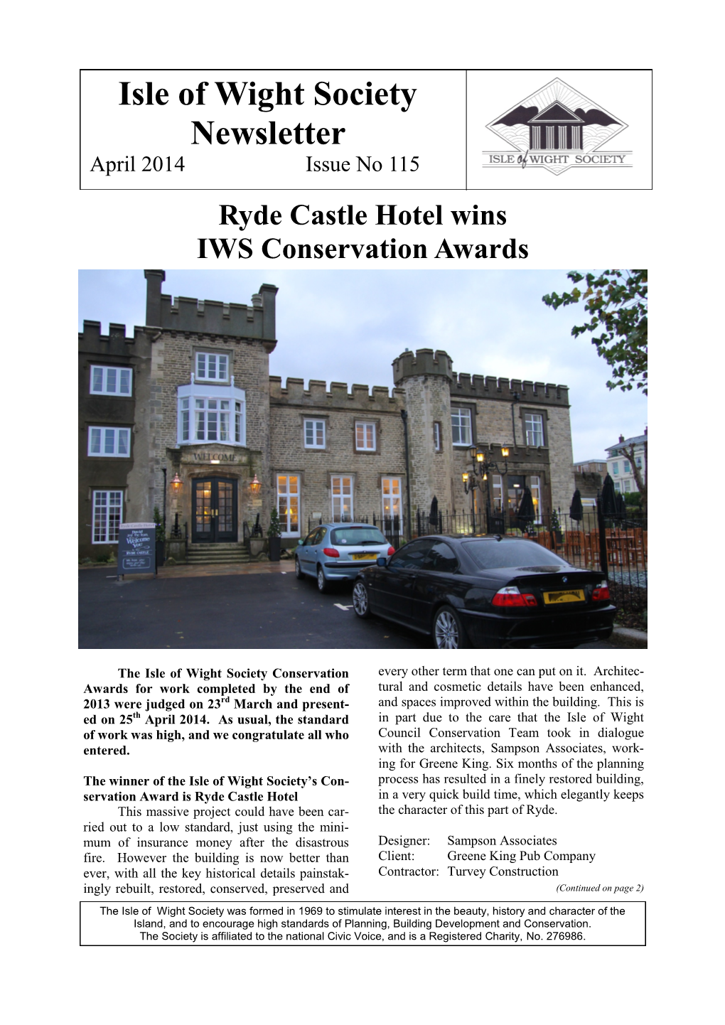 Isle of Wight Society Newsletter April 2014 Issue No 115 Ryde Castle Hotel Wins IWS Conservation Awards
