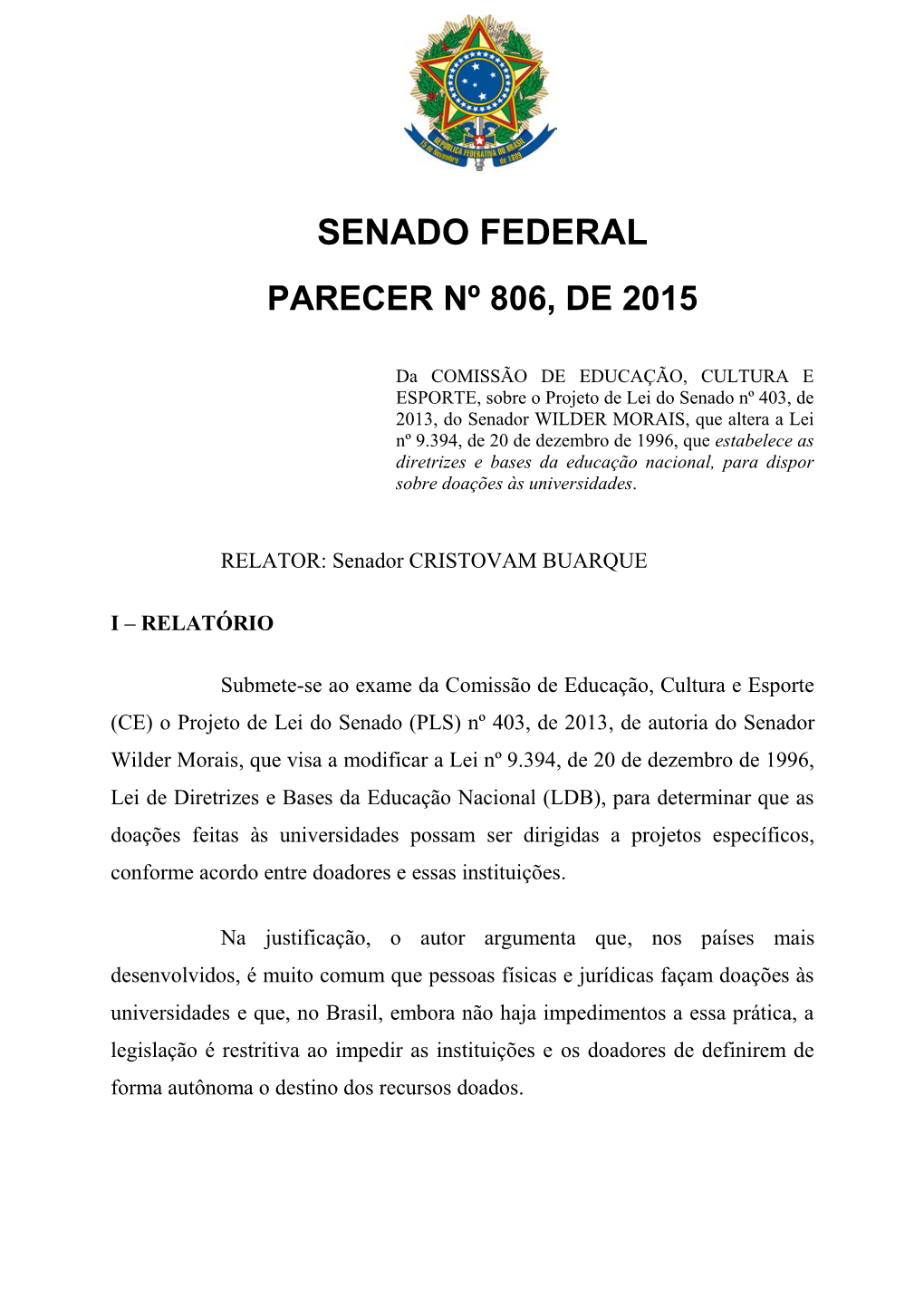 Senado Federal Parecer Nº 806, De 2015