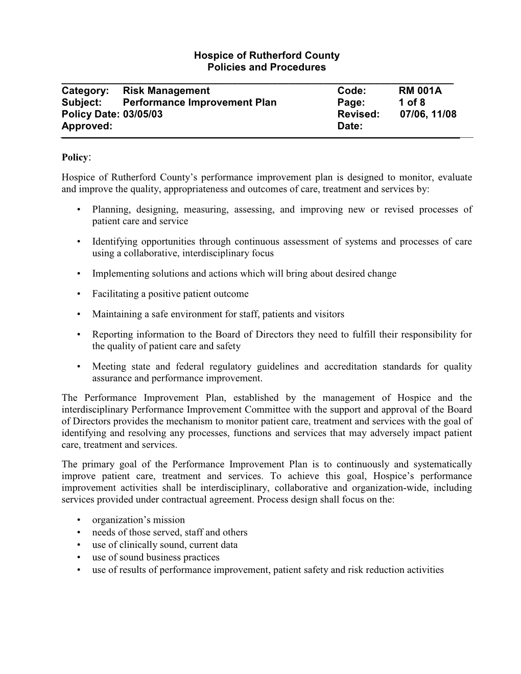 RM001A Performance Improvement Plan