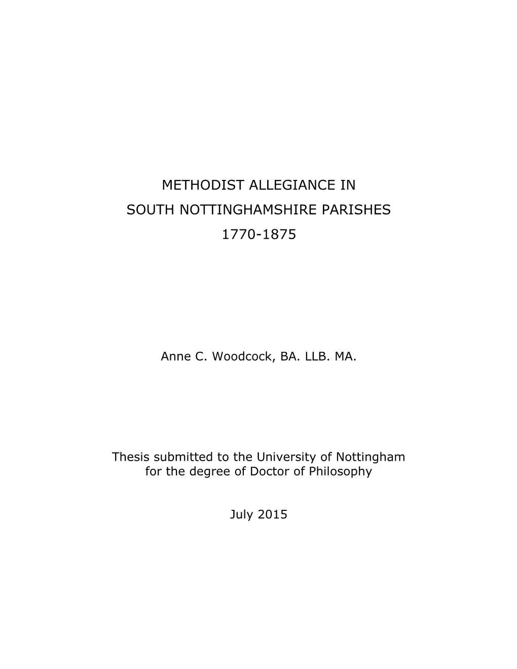 Methodist Allegiance in South Nottinghamshire Parishes 1770-1875