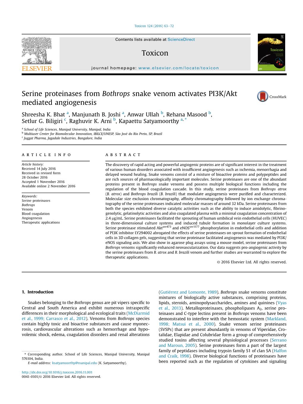 Serine Proteinases from Bothrops Snake Venom Activates PI3K/Akt Mediated Angiogenesis