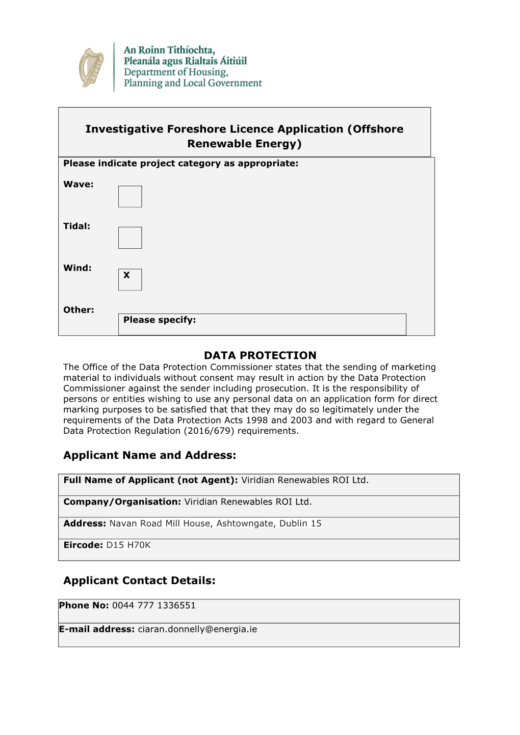 Investigative Foreshore Licence Application (Offshore