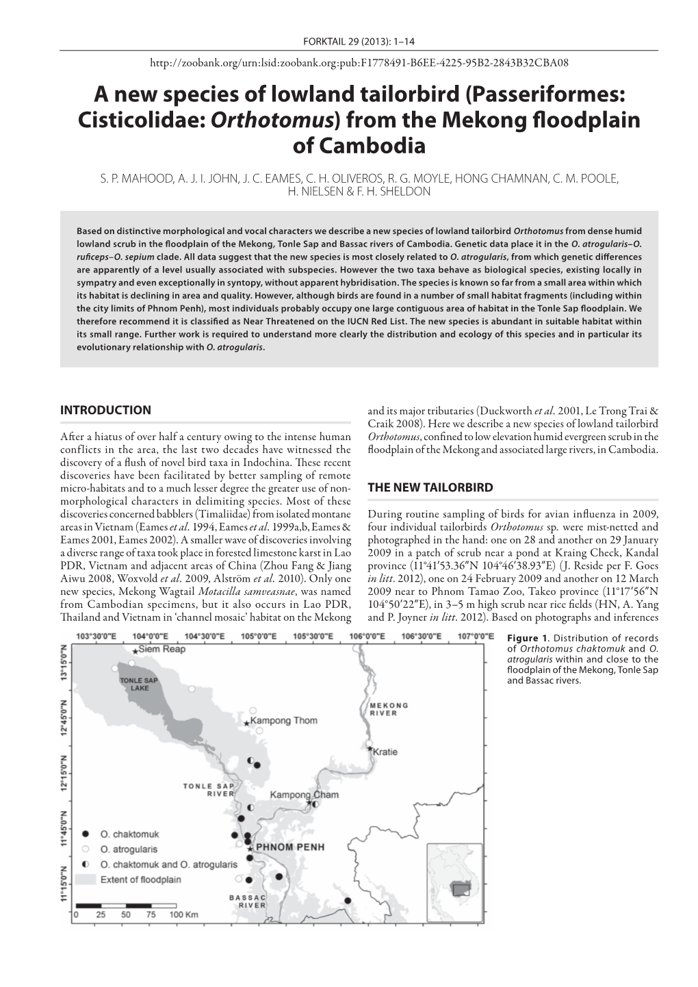 A New Species of Lowland Tailorbird (Passeriformes: Cisticolidae: Orthotomus) from the Mekong ﬂoodplain of Cambodia S