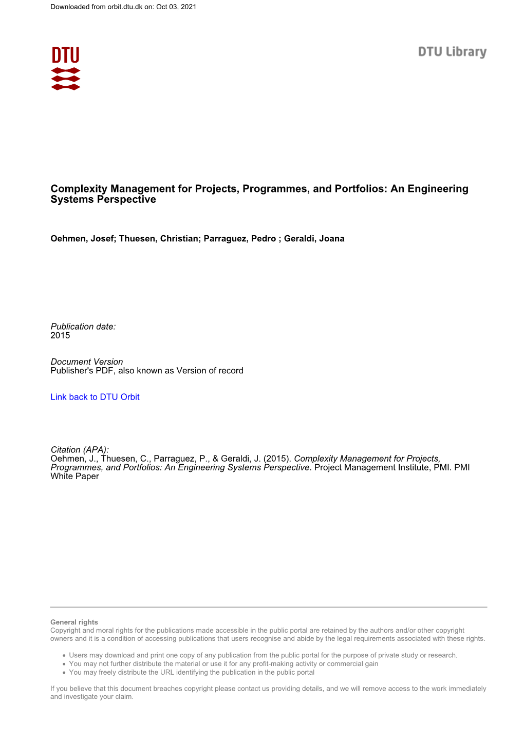 Complexity Management for Engineering Systems Projects