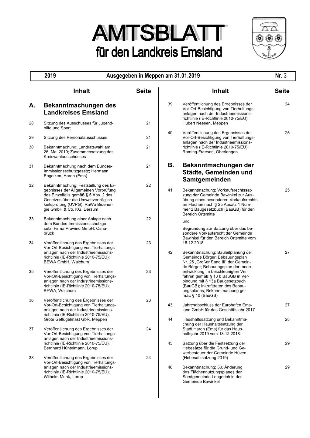 Inhalt Seite A. Bekanntmachungen Des Landkreises Emsland Inhalt