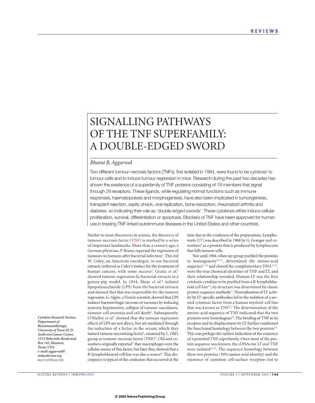 Signalling Pathways of the Tnf Superfamily: a Double-Edged Sword