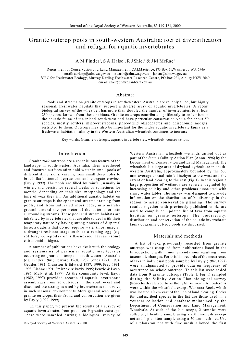 Granite Outcrop Pools in South-Western Australia: Foci of Diversification and Refugia for Aquatic Invertebrates