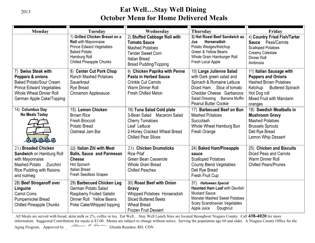 Stay Well Dining October Menu for Home Delivered Meals