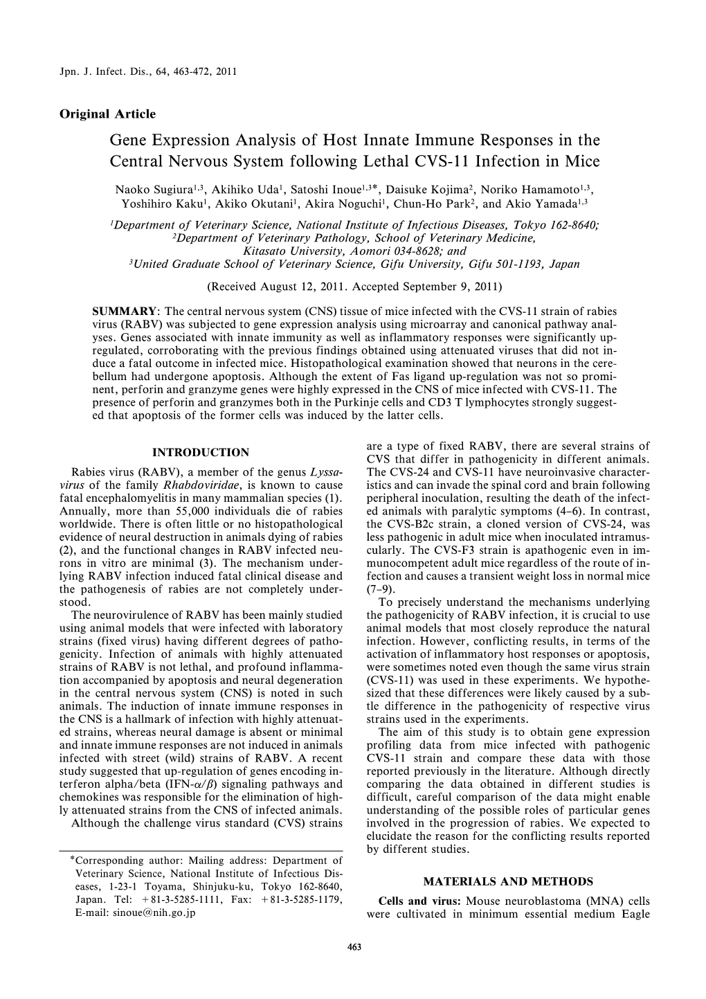 Gene Expression Analysis of Host Innate Immune Responses in the Central Nervous System Following Lethal CVS-11 Infection in Mice