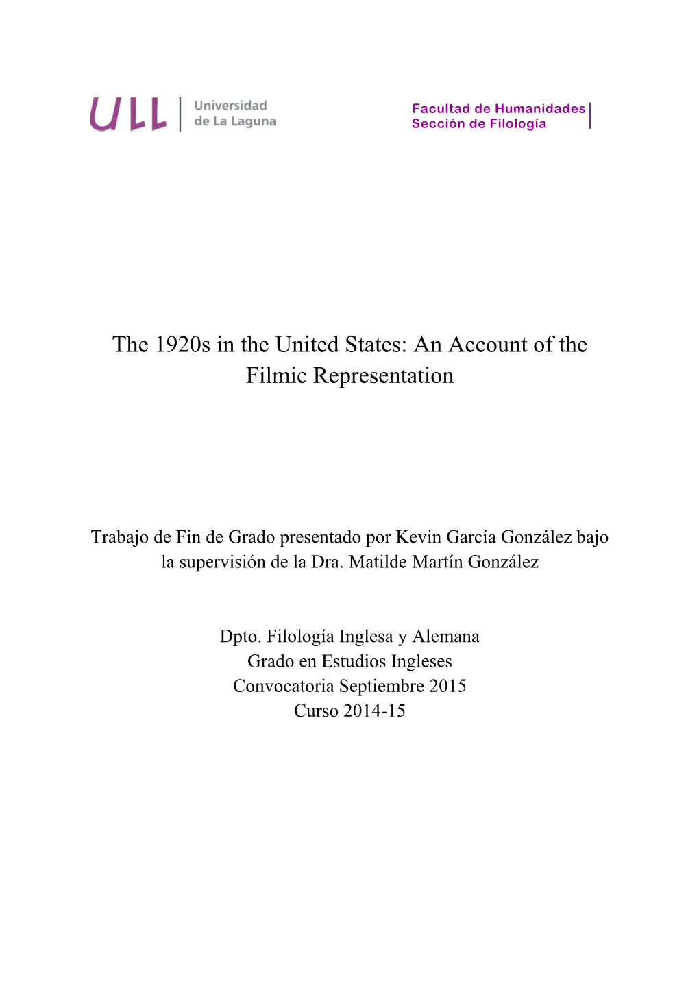 The 1920S in the United States: an Account of the Filmic Representation