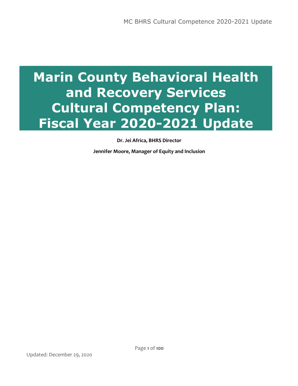 Marin County Behavioral Health and Recovery Services Cultural Competency Plan: Fiscal Year 2020-2021 Update