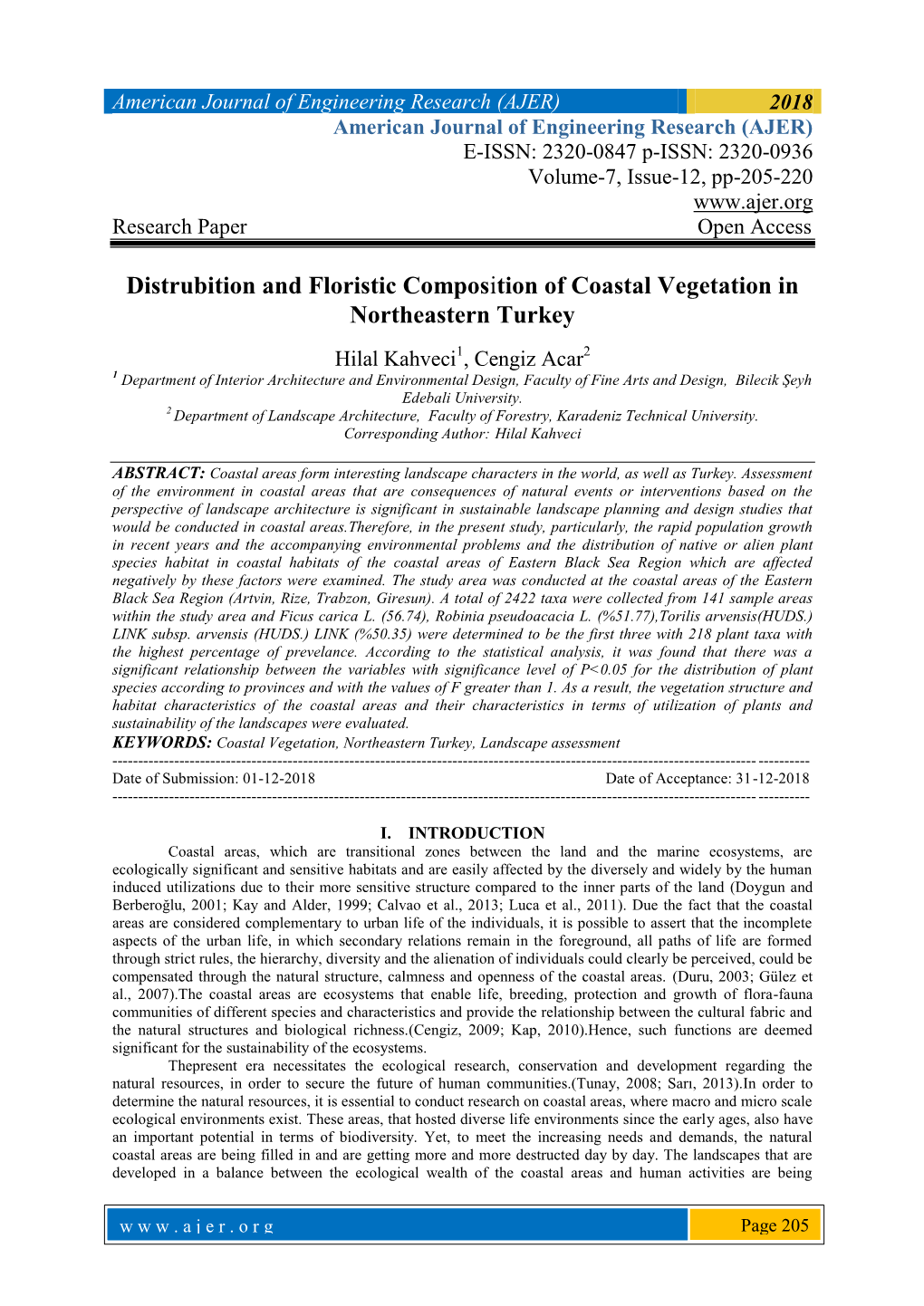 Distrubition and Floristic Composition of Coastal Vegetation in Northeastern Turkey