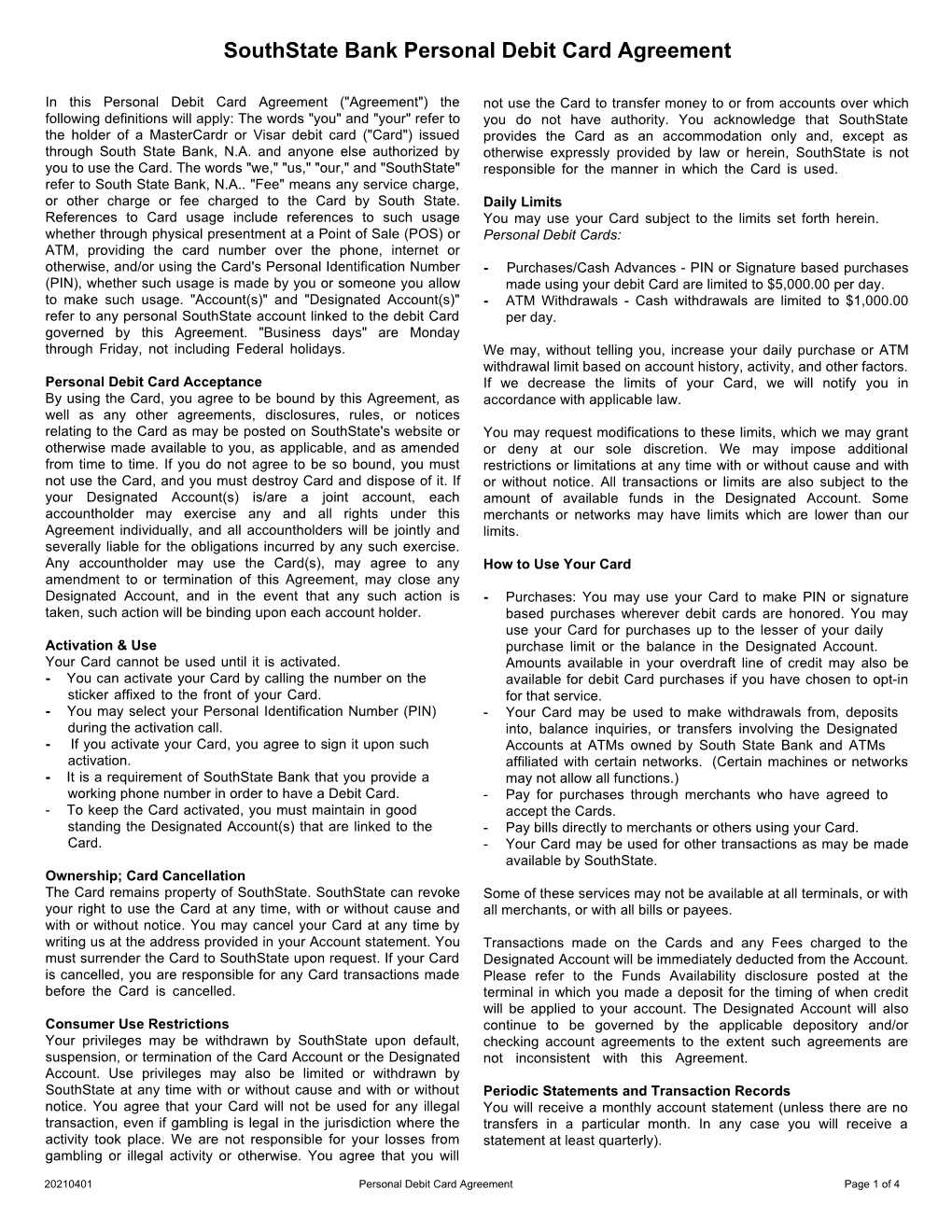 Southstate Bank Personal Debit Card Agreement