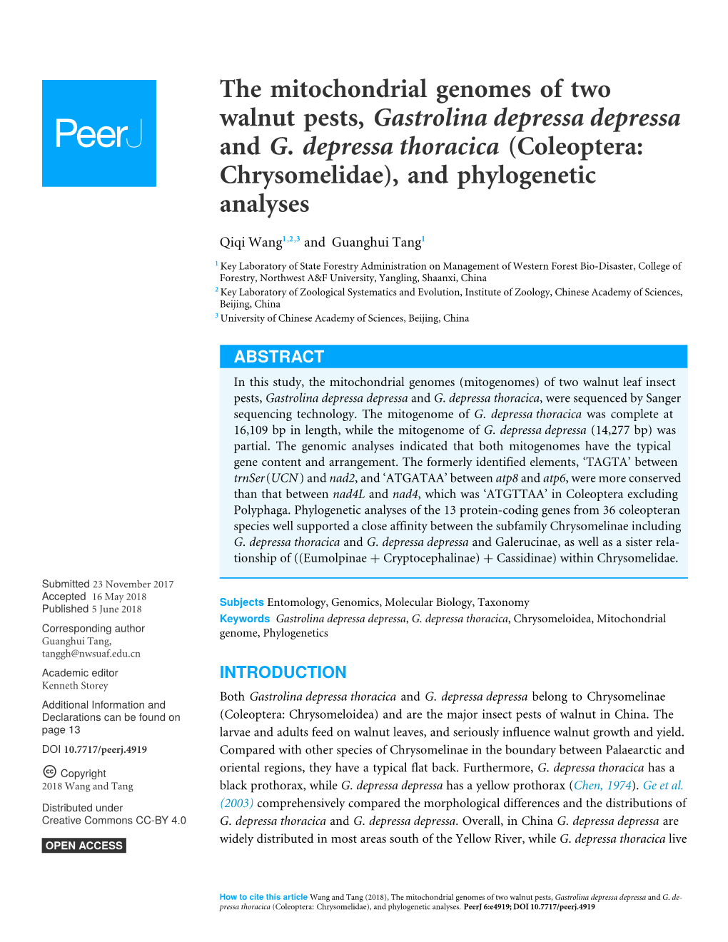 The Mitochondrial Genomes of Two Walnut Pests, Gastrolina Depressa Depressa and G