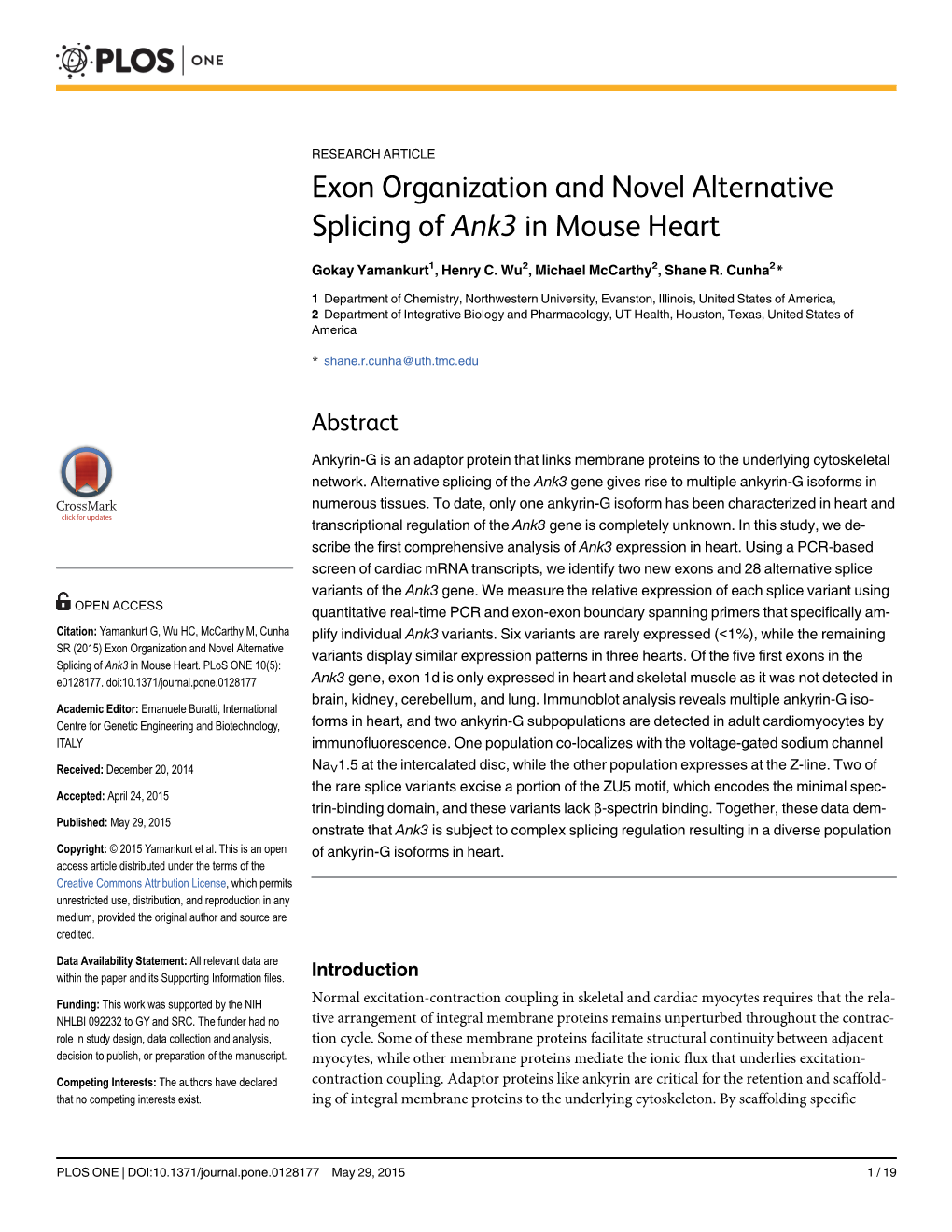 Exon Organization and Novel Alternative Splicing of Ank3 in Mouse Heart