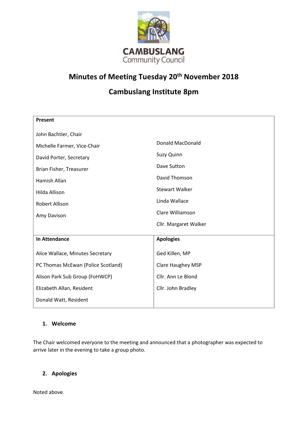 Minutes of Meeting Tuesday 20Th November 2018 Cambuslang Institute 8Pm