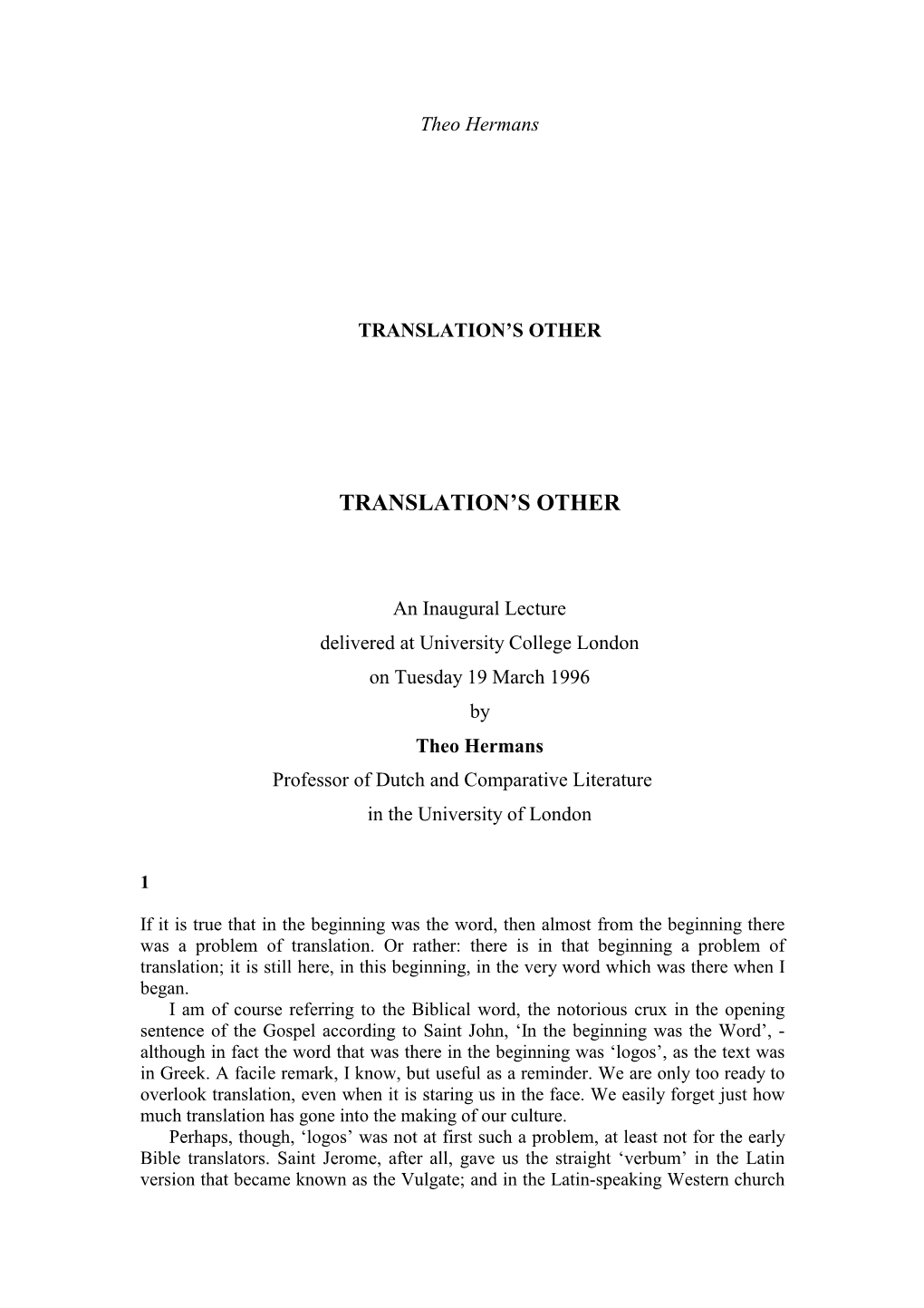 Theo Hermans TRANSLATION's OTHER