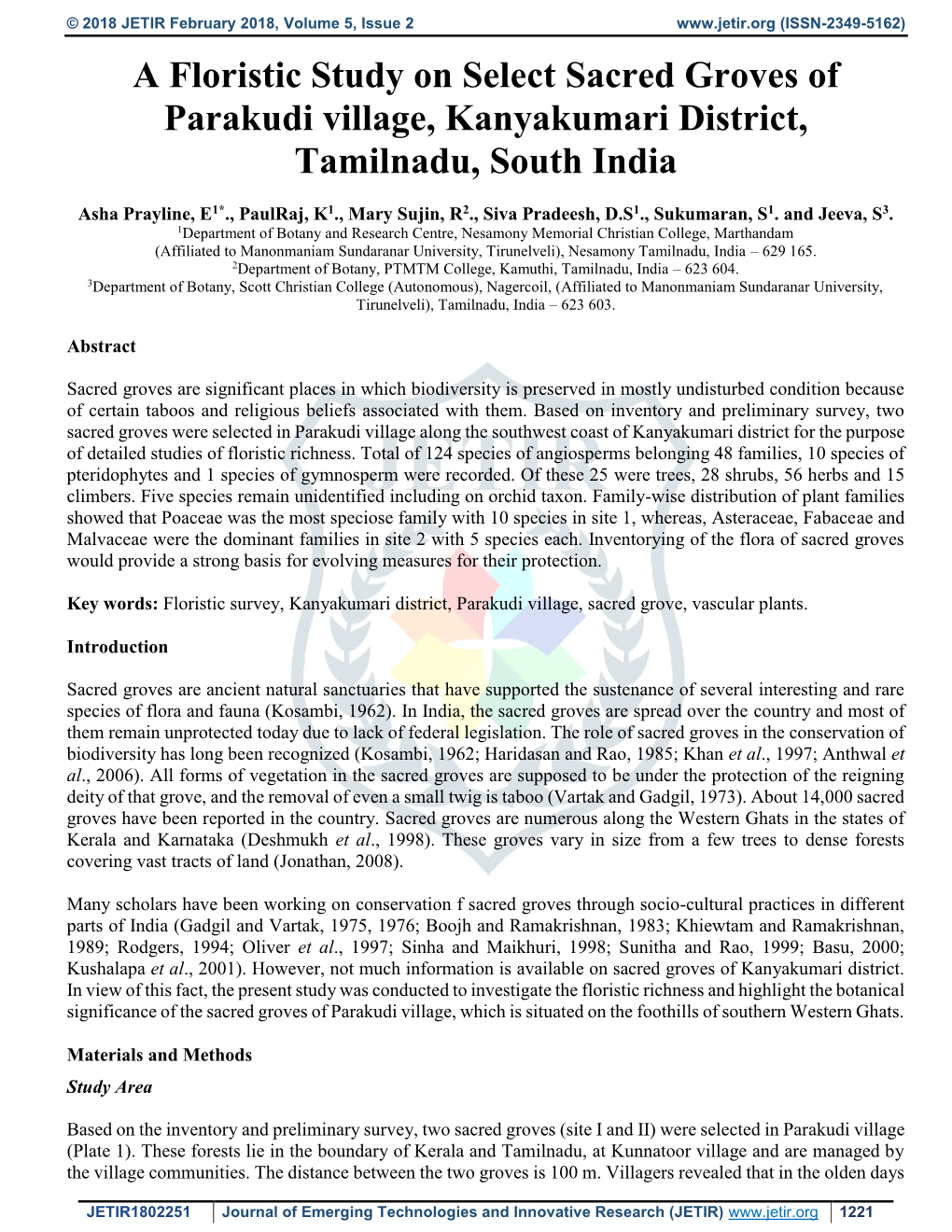 A Floristic Study on Select Sacred Groves of Parakudi Village, Kanyakumari District, Tamilnadu, South India