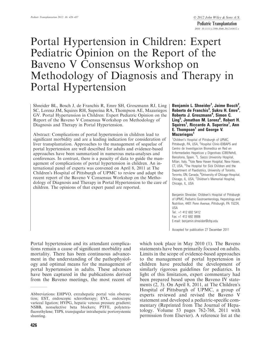 Portal Hypertension in Children: Expert Pediatric Opinion on the Report of the Baveno V Consensus Workshop on Methodology Of