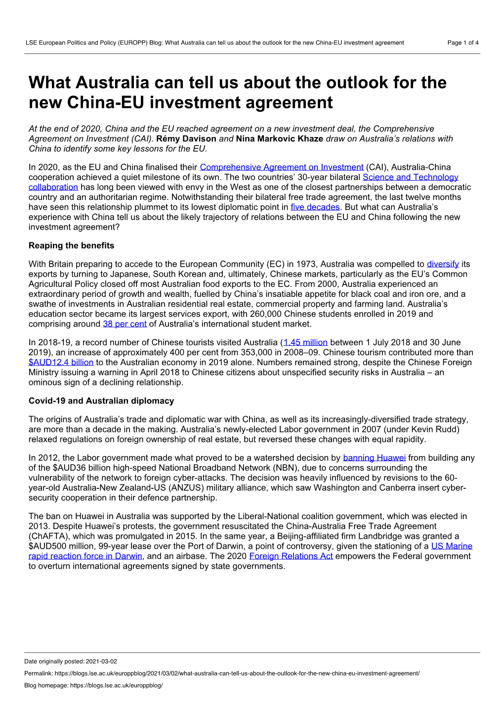 (EUROPP) Blog: What Australia Can Tell Us About the Outlook for the New China-EU Investment Agreement Page 1 of 4