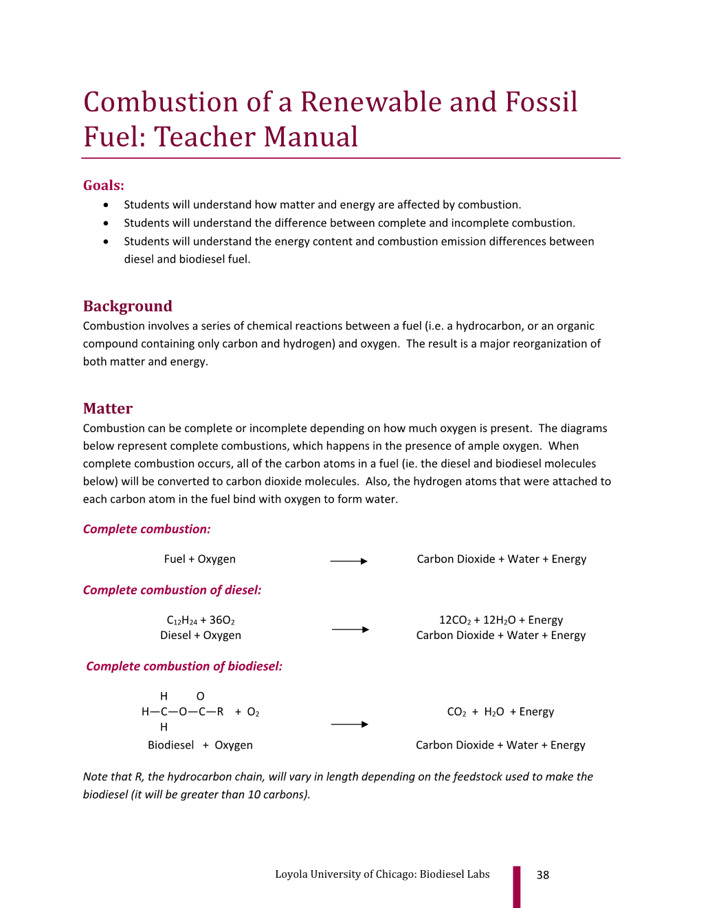 Combustion of a Renewable and Fossil Fuel: Teacher Manual