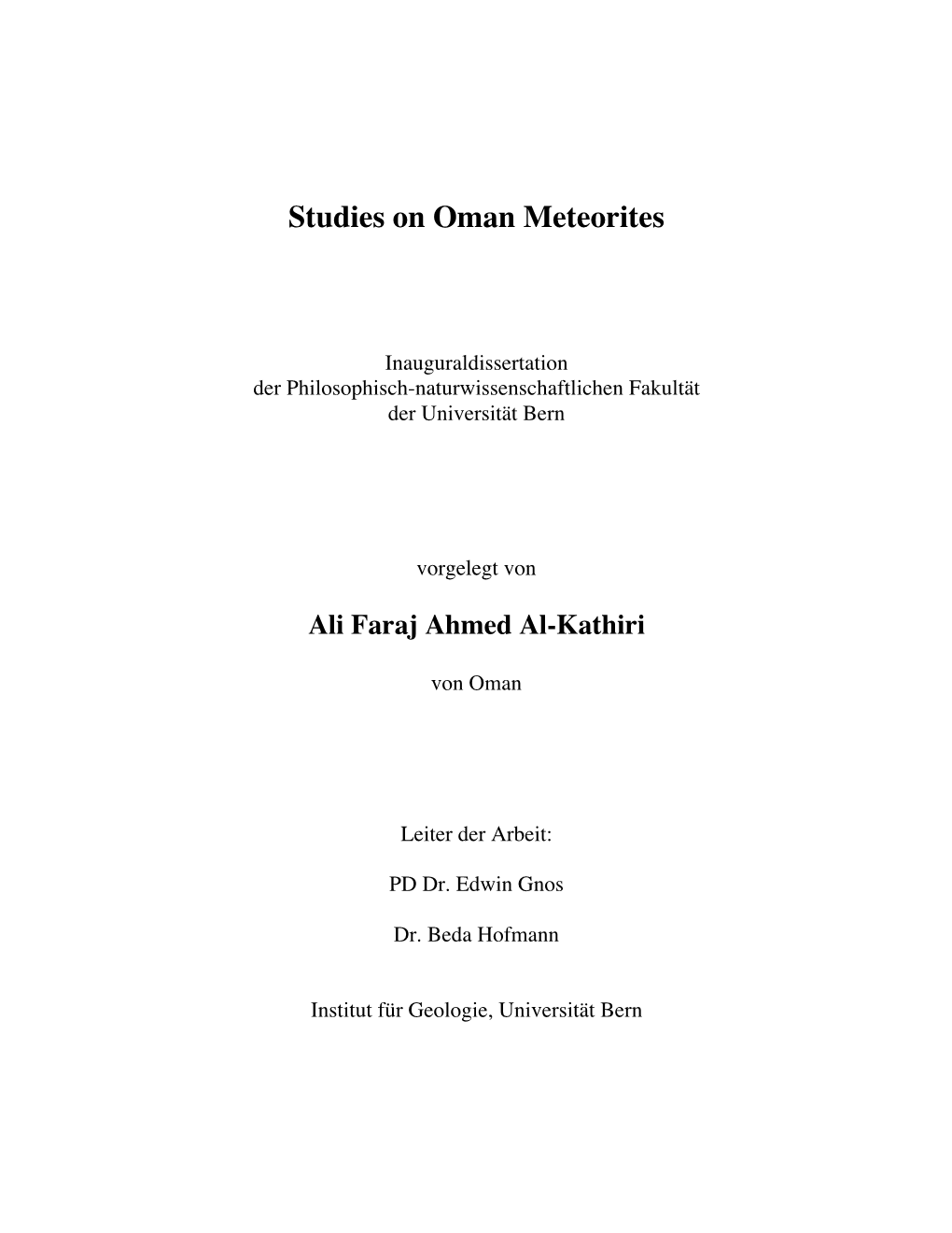 Studies on Oman Meteorites