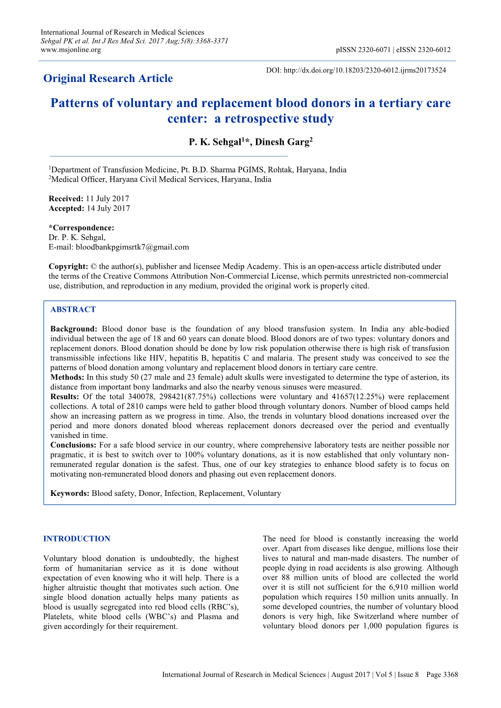 Patterns of Voluntary and Replacement Blood Donors in a Tertiary Care Center: a Retrospective Study