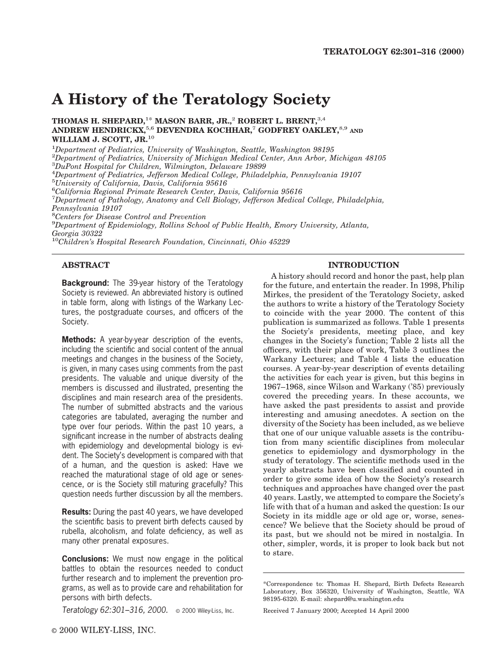 A History of the Teratology Society