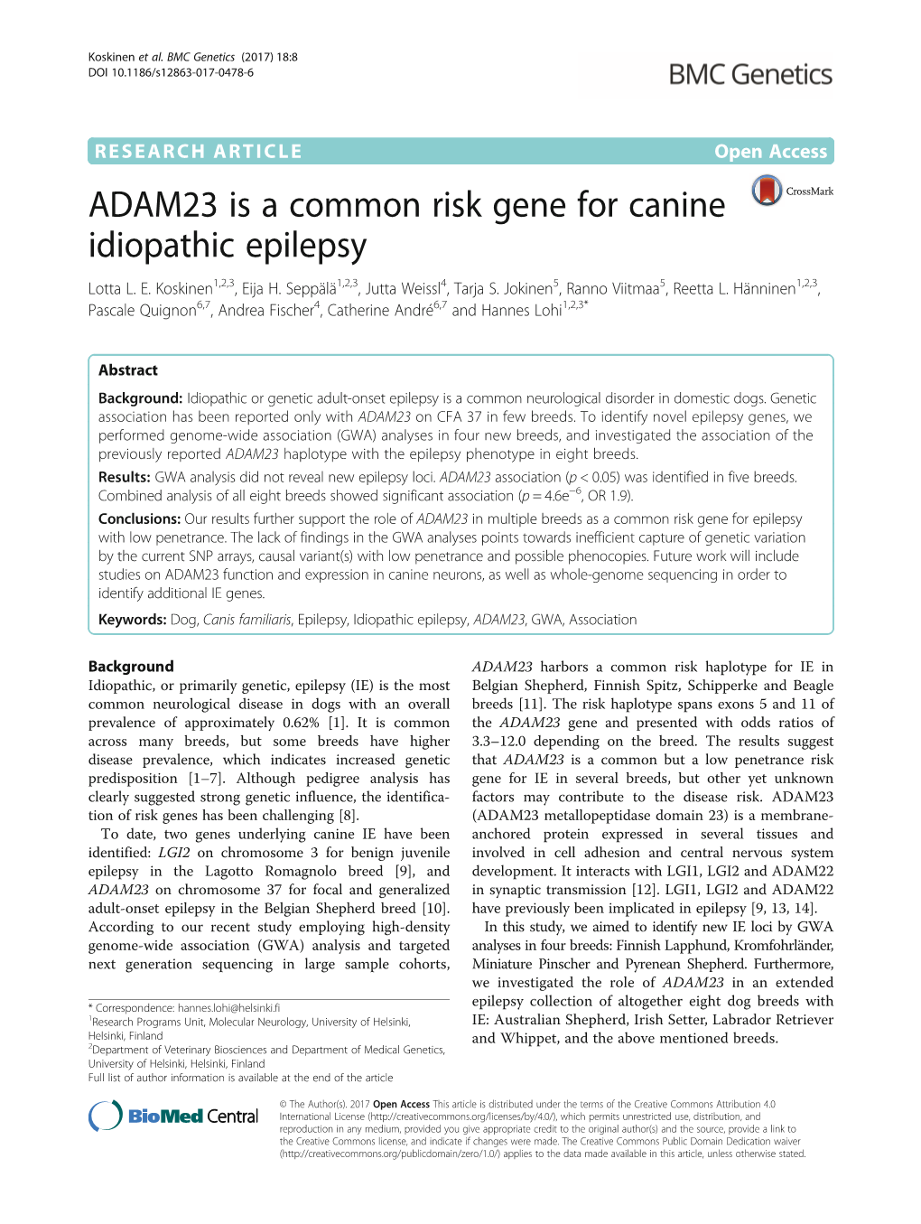 ADAM23 Is a Common Risk Gene for Canine Idiopathic Epilepsy Lotta L